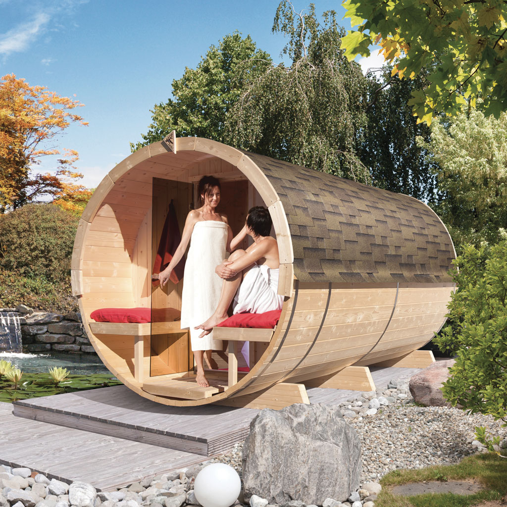 Karibu Fasssauna 4 Aussensauna 230 Volt 42 mm Saunahaus Massivholz Saunaofen