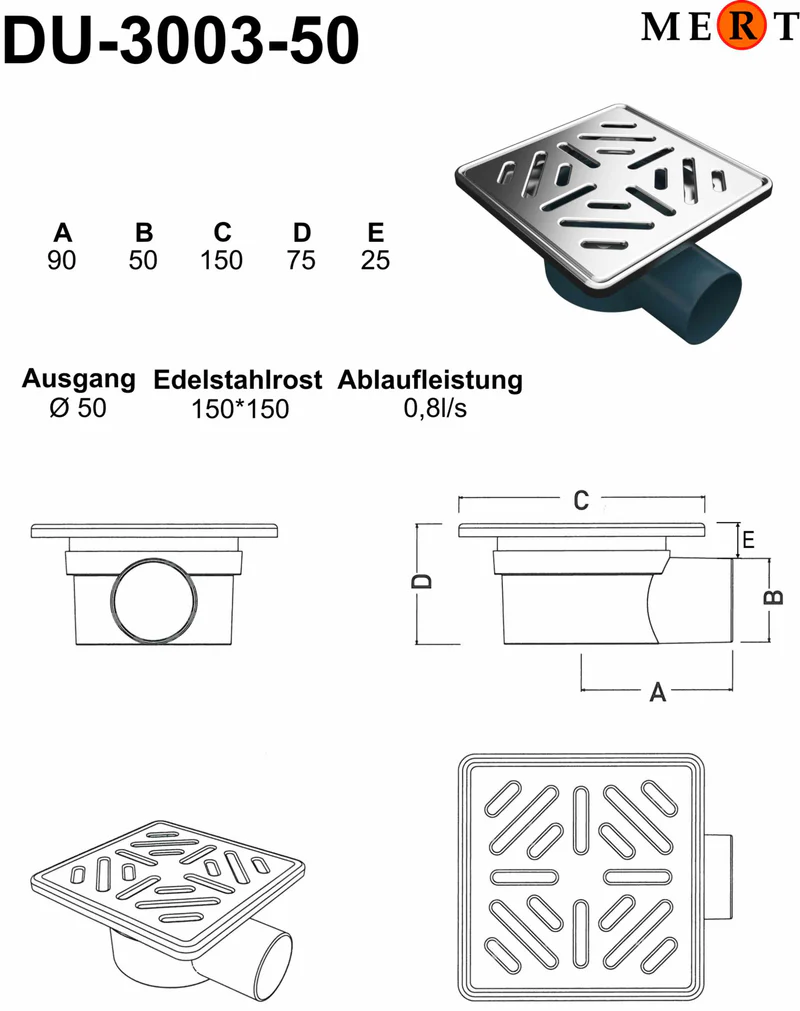 Bodenablauf Ablaufrinne Dusch Ablauf 15x15 cm Duschrinne Badablauf Siphon für Bad