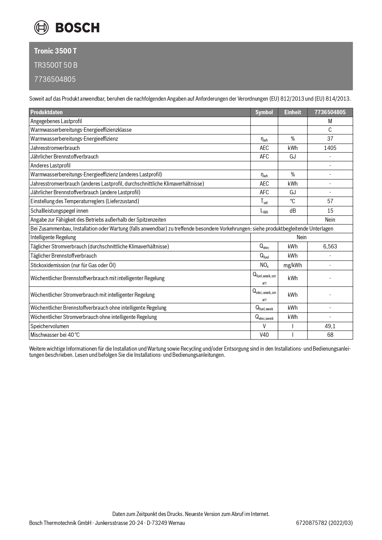 Bosch druckfester Speicher TR 3500 T 50 B 50 L Einkreisausführung Warmwasserspeicher Boiler