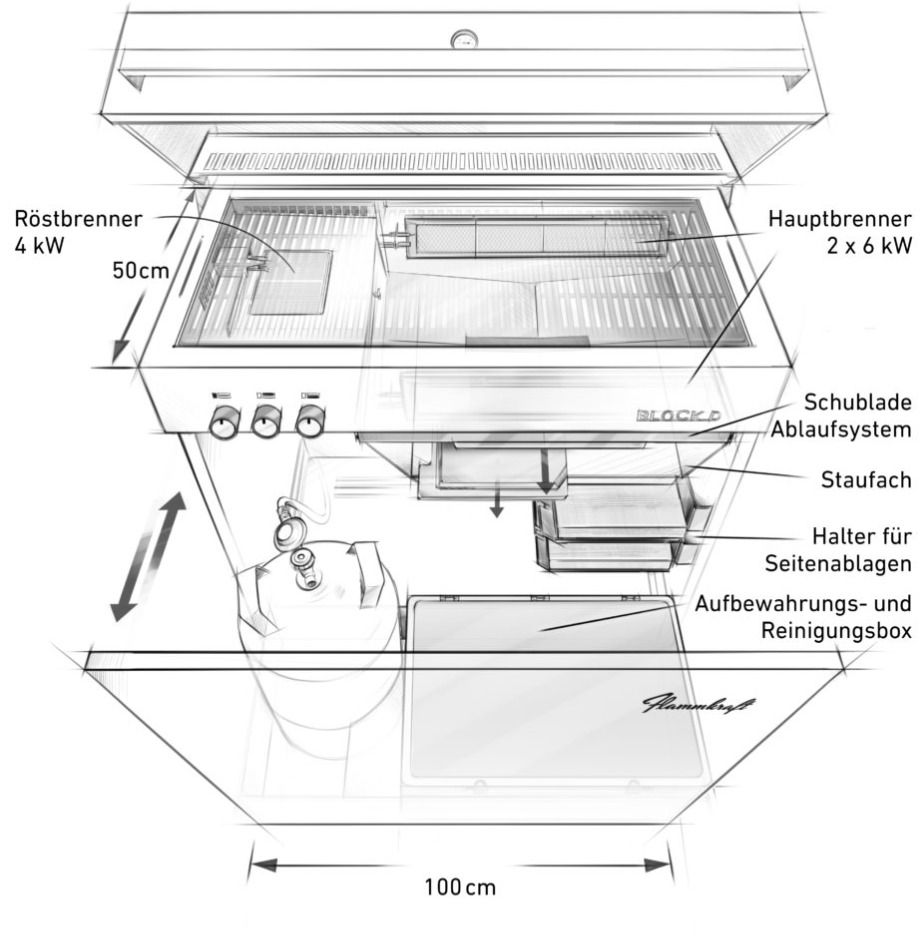 Flammkraft Block D Gasgrill Gen. 5 Lichtgrau 16 kW 75 bis 900°C BBQ Grill Gas