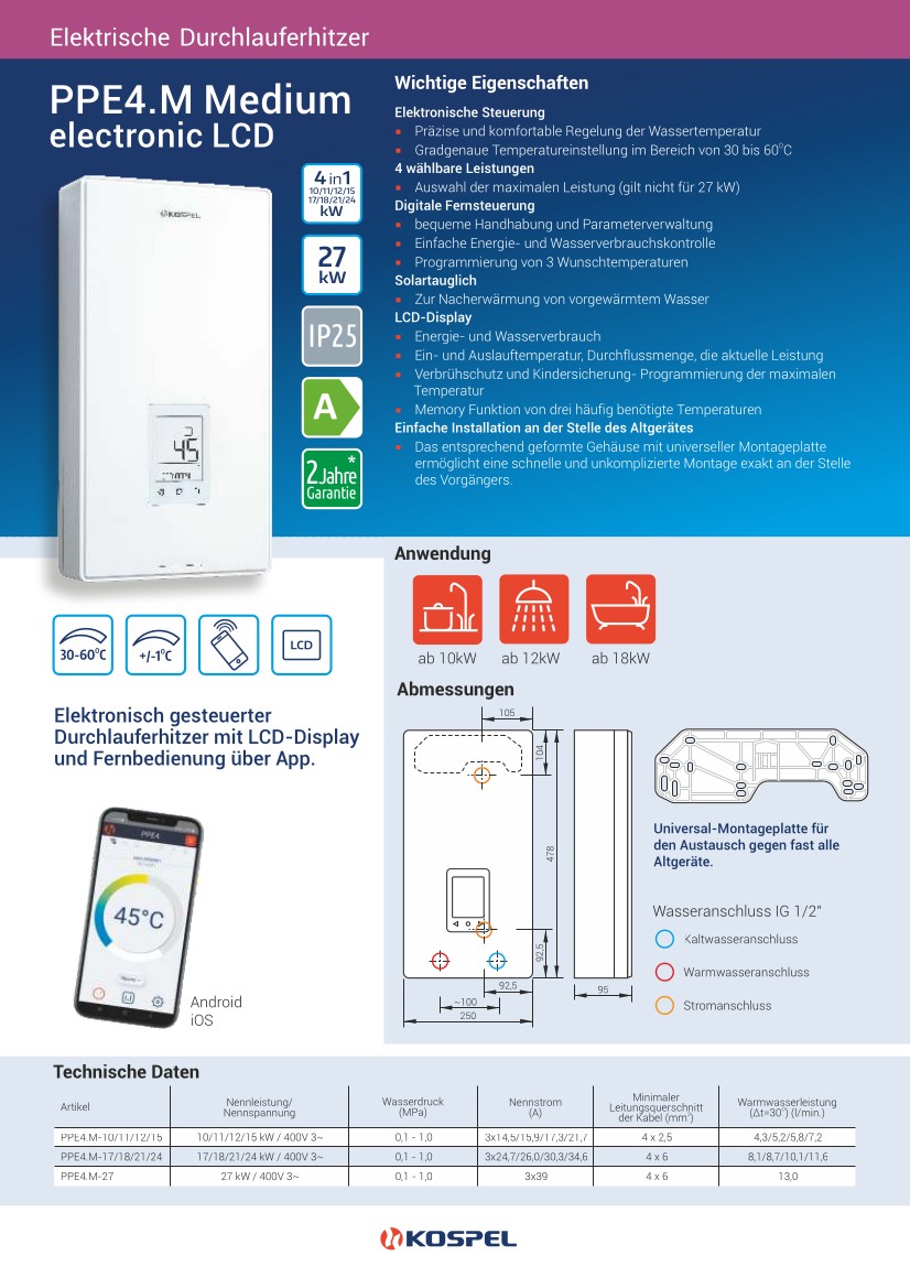 Kospel Durchlauferhitzer PPE4.M elektronisch, LCD 17/18/21/24 kW, 400 V Heizung