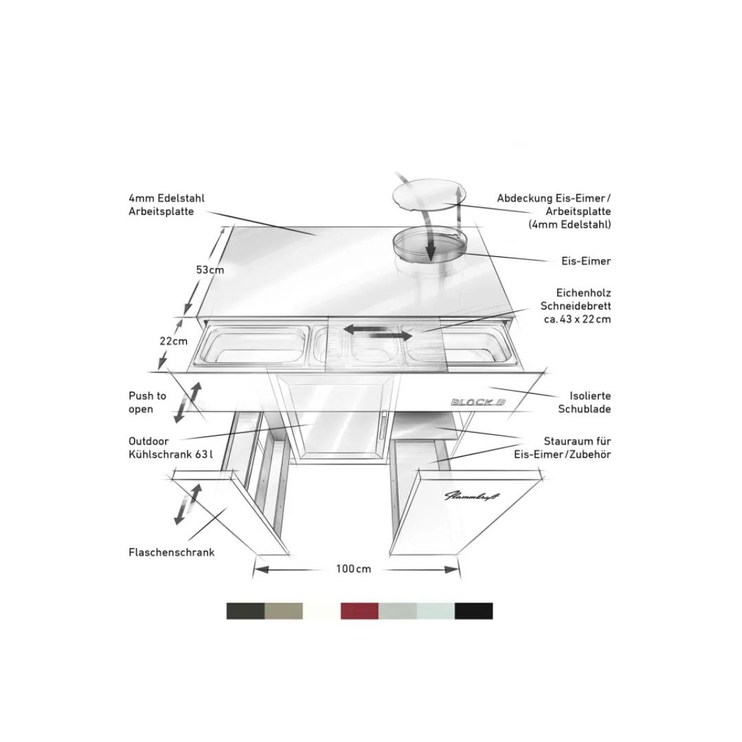 Flammkraft BLOCK B Pool Kühl- und Barmodul 63 Liter Outdoor-Kühlschrank Modul