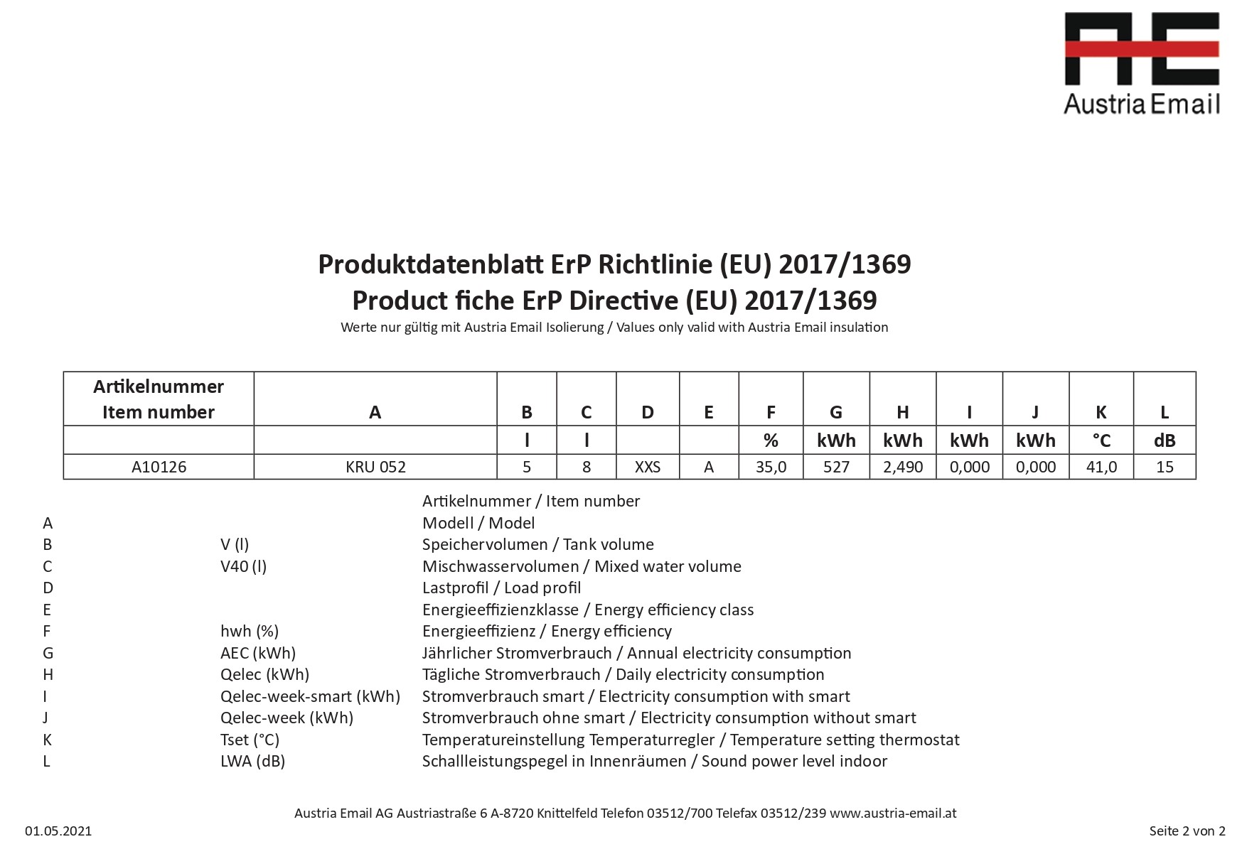 Austria Email Druckloser Elektro-Kleinspeicher Comfort KRU 052 Untertisch 5 L