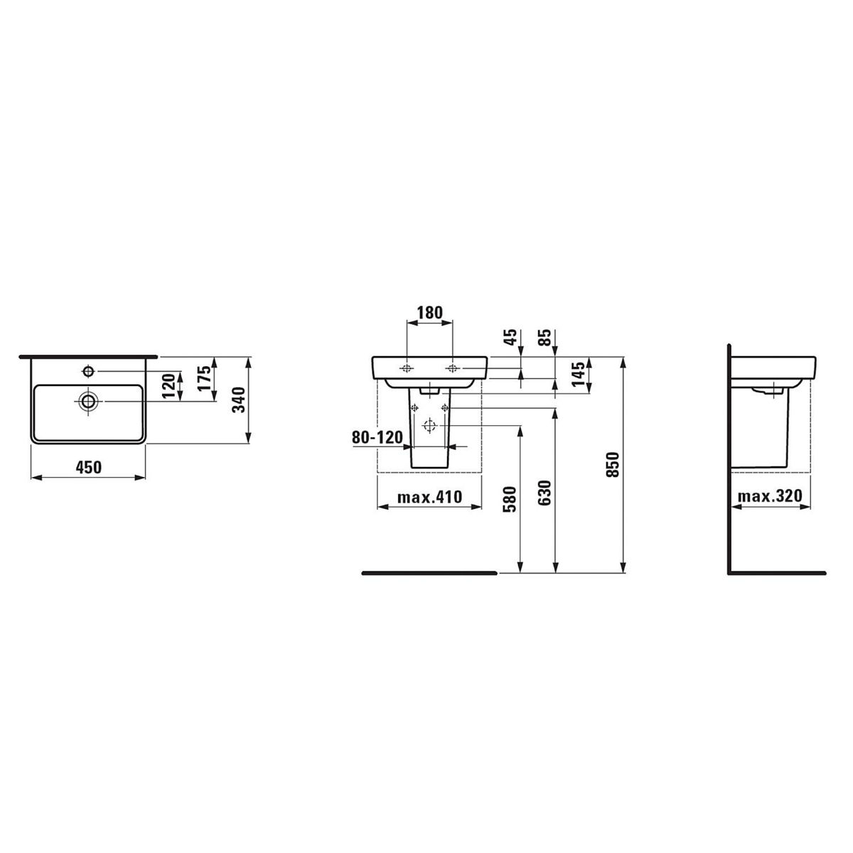 Laufen Handwaschbecken Pro S 450x340mm weißmit Überlauf 1 Hahnloch mittig Sanitär