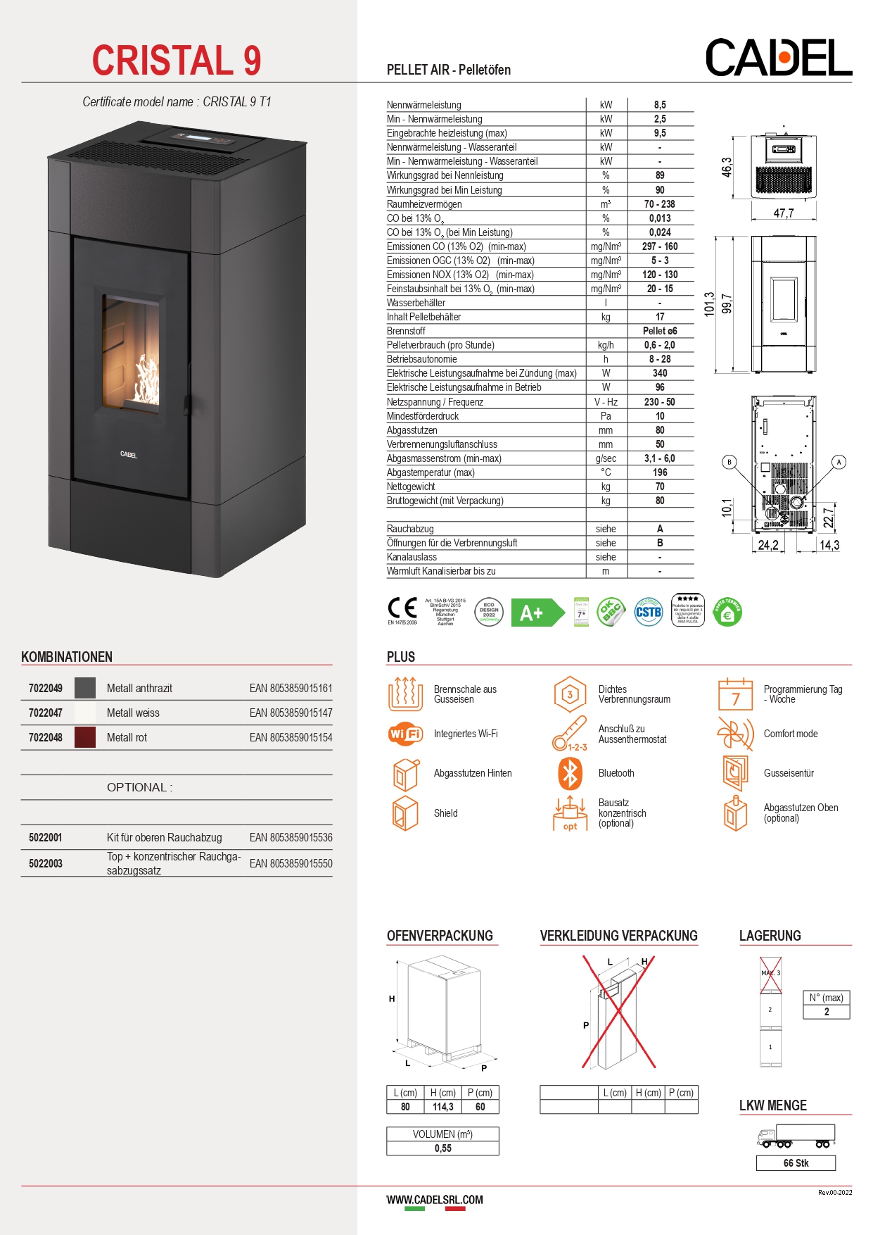 Cadel Pelletofen Cristal 9 Metall Anthrazit 8,5 kW Pellet Air Kamin Kaminofen