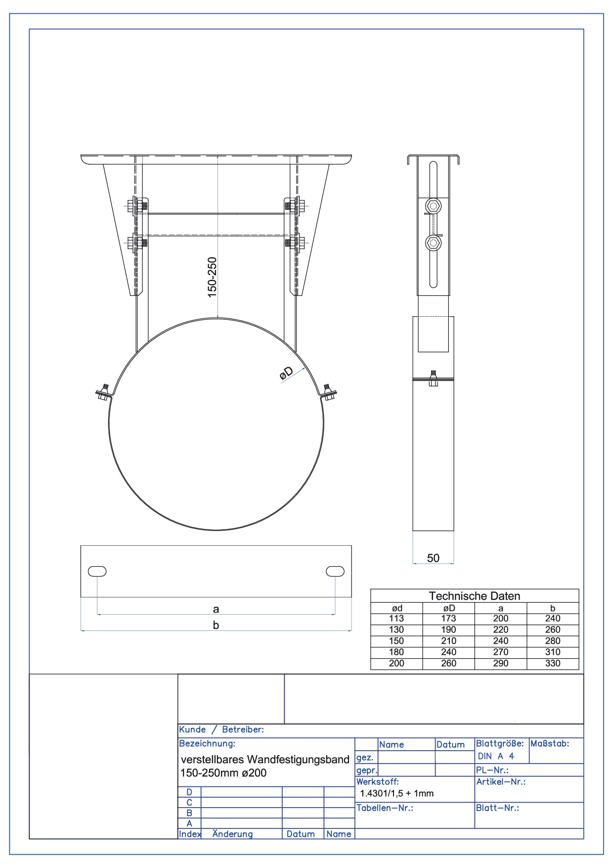 ASTEC verstellbares Wandbefestigungsband 150-250 mm Edelstahl Schornstein Sanierung