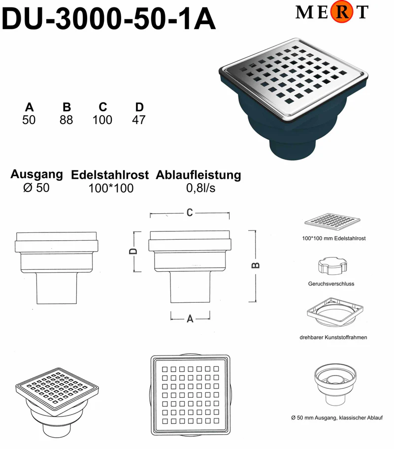 Bodenablauf Ablaufrinne Dusch Ablauf 10x10 cm Duschrinne Badablauf Siphon für Bad