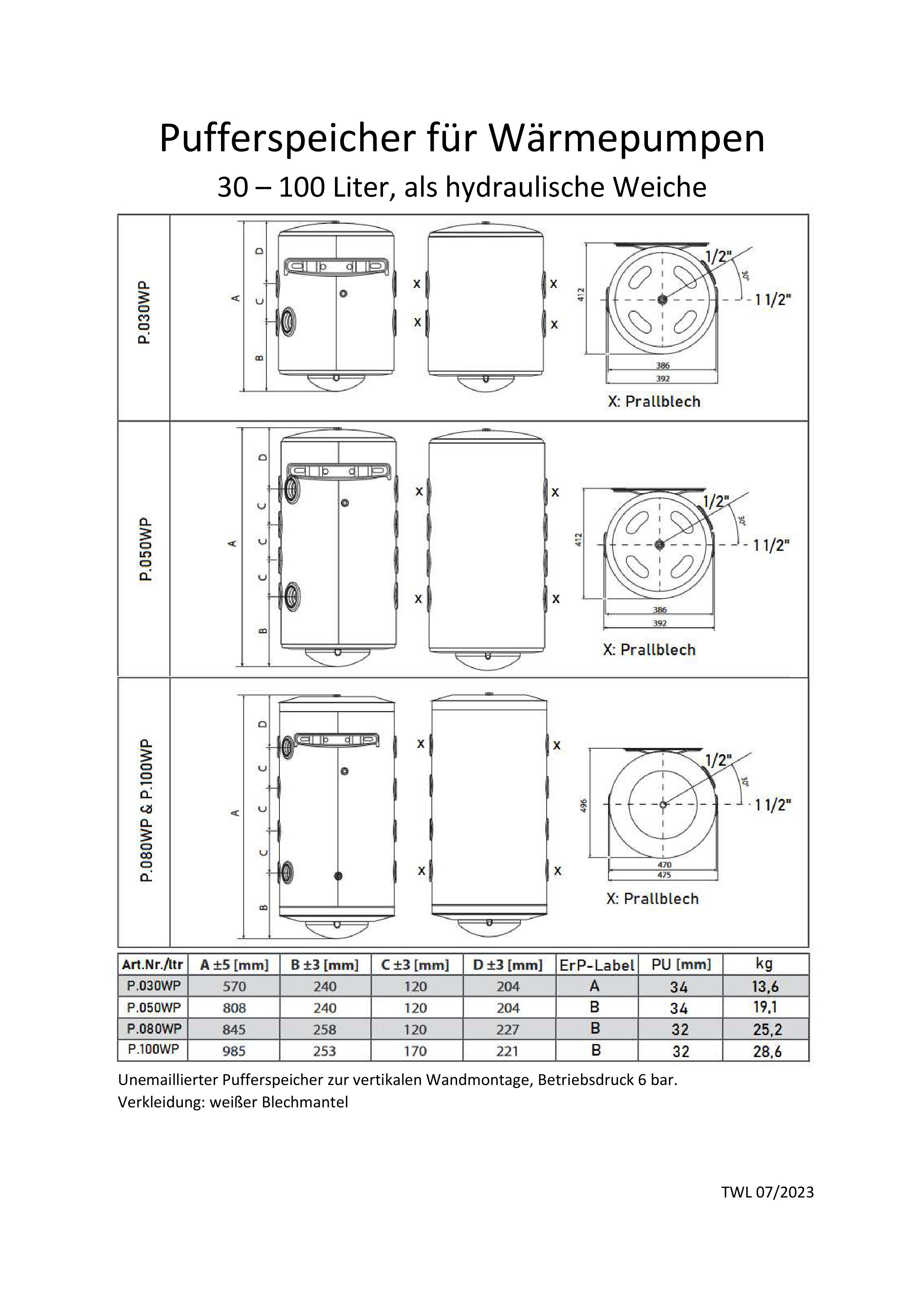Wärmepumpen Puffer Pufferspeicher 30-100 L Trennspeicher Heizung wandhängend Wärme