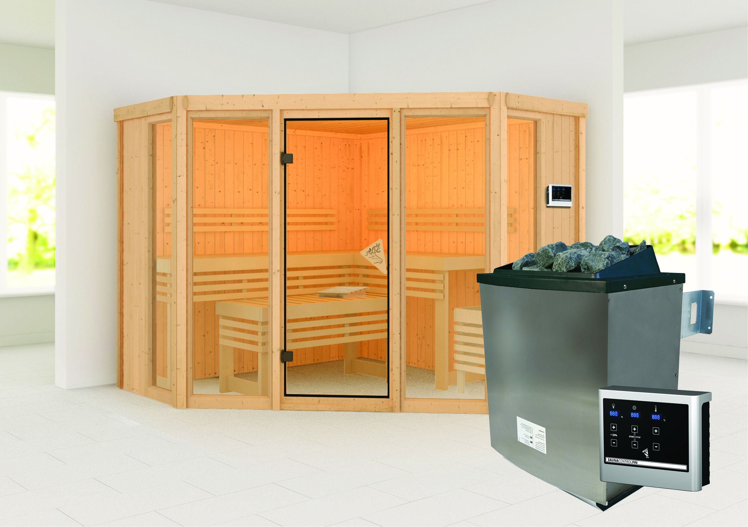 Karibu Sauna Alcinda 2 Ganzglas - Systemsauna (Fronteinstieg)