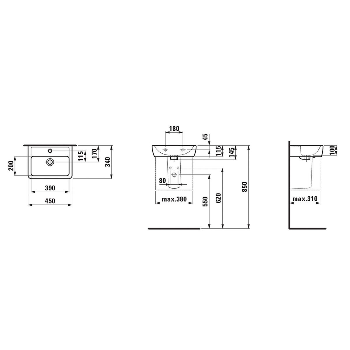 Laufen Handwaschbecken Pro 450x340mm weiß mit Überlauf 1 Hahnloch mittig Sanitär