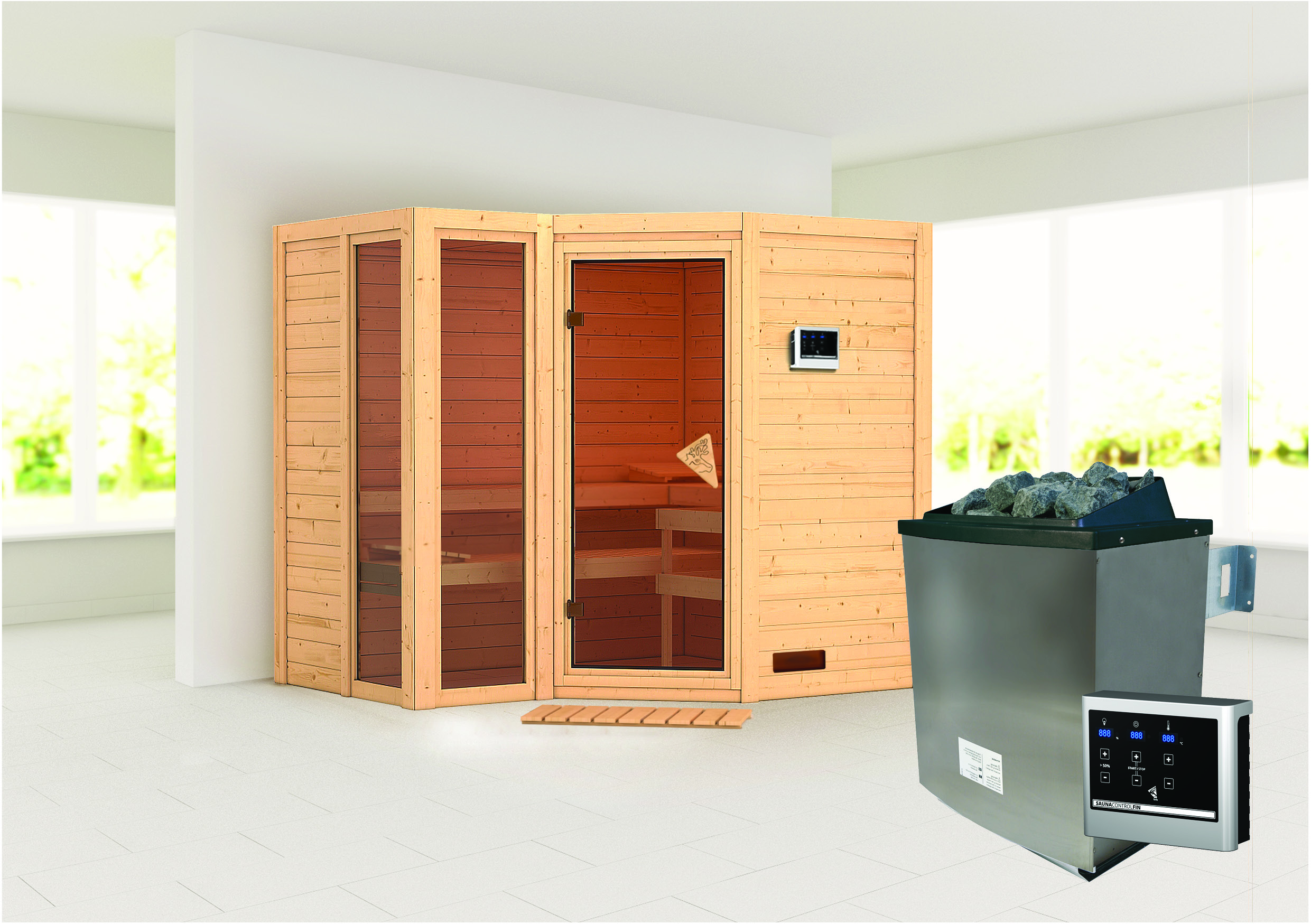 Karibu Sauna Amara - Massivholzsauna (Eckeinstieg)- vorgefertigte Elemente