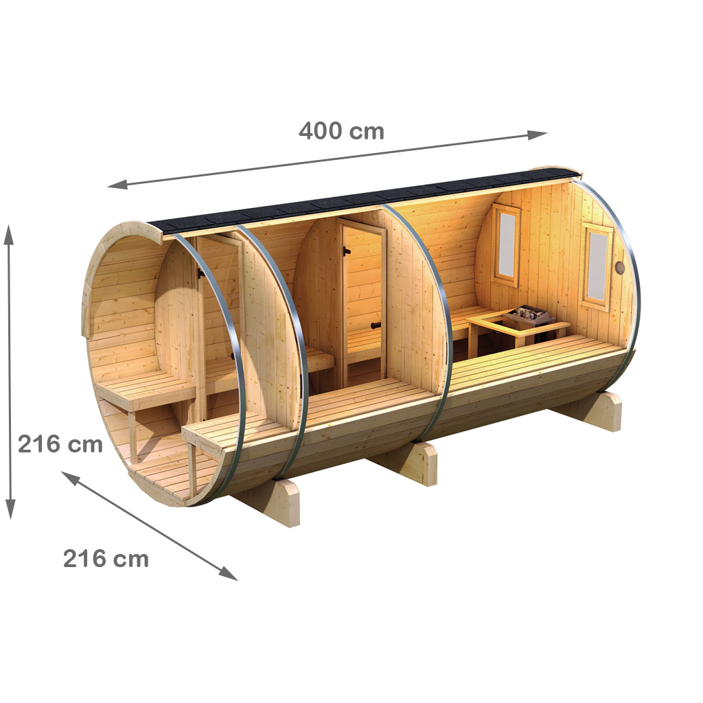 Karibu Fasssauna 4 Aussensauna 230 Volt 42 mm Saunahaus Massivholz Saunaofen