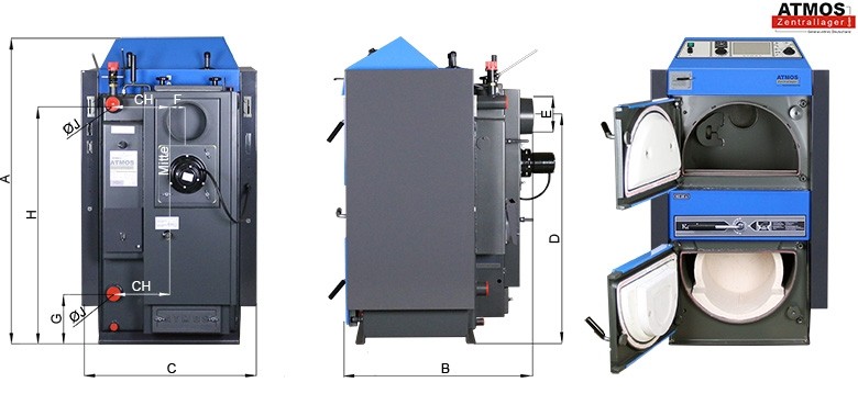 ATMOS Kohlevergaserkessel Kombitherm KC25S Heizkessel 26kW Brennstoff Tür links