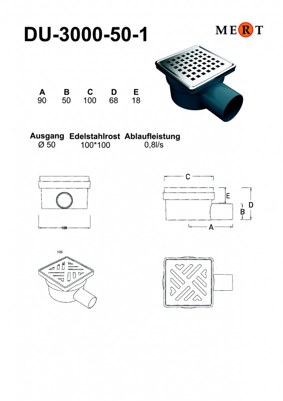 Bodenablauf Ablaufrinne Dusch Ablauf 10x10 cm Duschrinne Badablauf Siphon